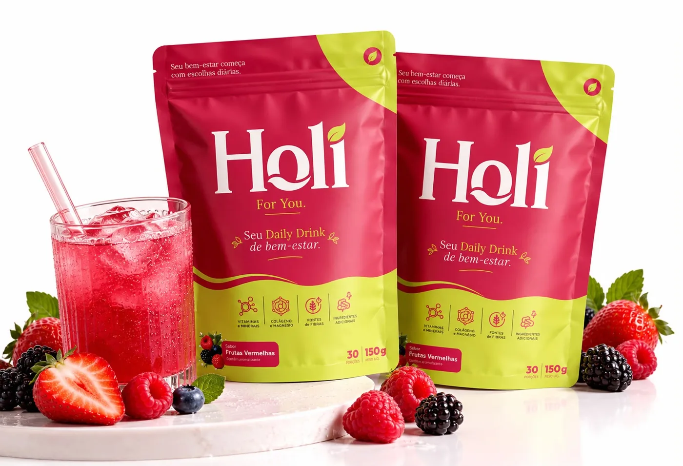 2 pouches Holi For You com copo do drink