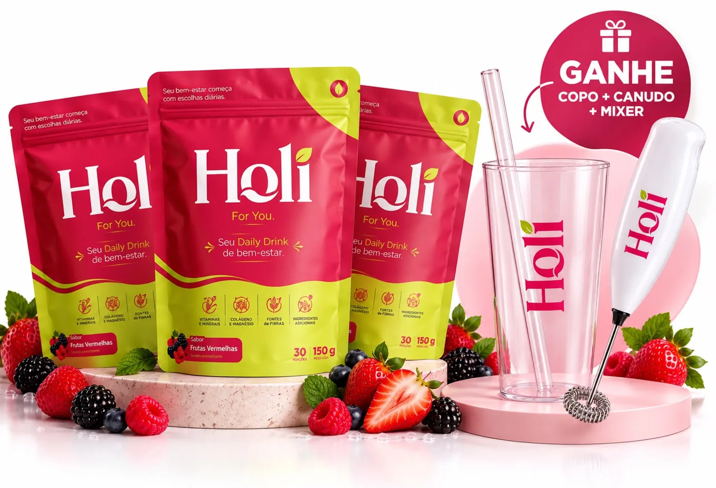 3 pouches Holi For You com brindes: copo, canudo e mixer