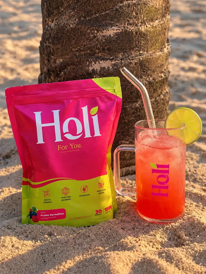 Pouch Holi For You na areia ao lado de uma caneca de vidro Holi com o drink, gelo e limão